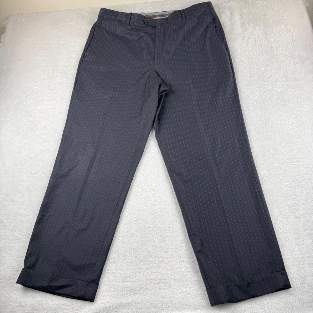 Hickey Freeman Dress Pants Mens 36 Navy Blue Pinstripe Cuffed Flat Front Wool